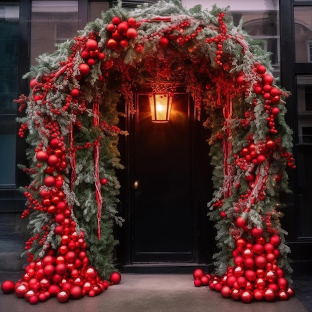 Lindas fotos da porta da varanda da frente com guirlanda vermelha de Natal Arte gerada por IA