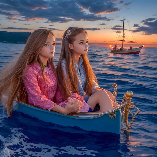 Lindas garotas no mar ao entardecer, pôr do sol e vista deslumbrante do nascer do sol