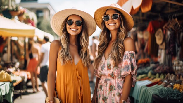 Foto lindas garotas posando em um mercado de rua no verão