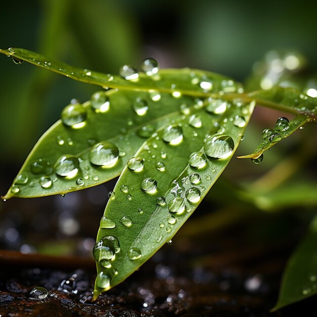 Foto lindas gotas de água depois da chuva em folhas verdes na luz do sol macro