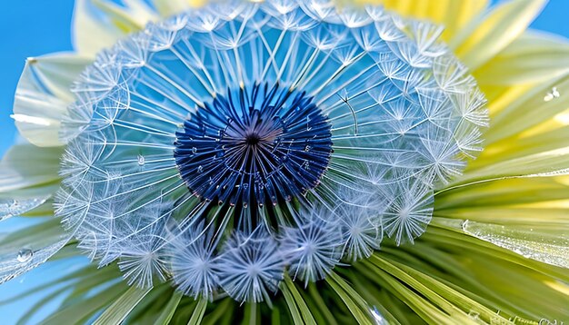 Lindas gotas de orvalho em uma macro de semente de dente-de-leão Belo fundo azul Grandes gotas de orvalho douradas