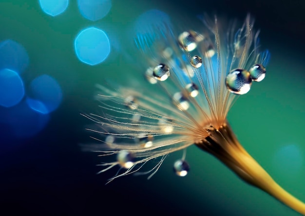 Lindas gotas de orvalho em uma macro de semente de dente-de-leão Belo fundo azul IA generativa