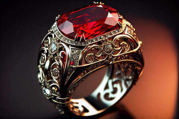 Lindas joias caras de ouro com gema vermelha rubi Generative AIxA