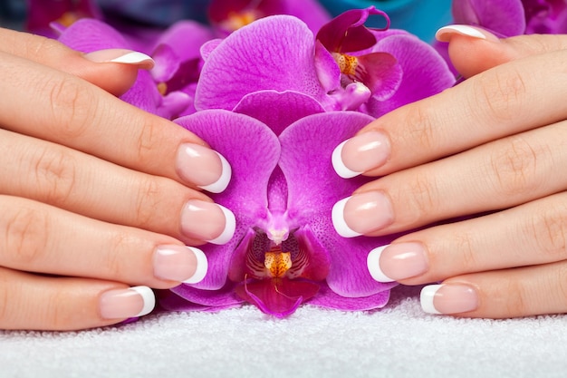 Lindas mãos femininas com manicure francesa em flores de orquídea roxas Salão de manicure