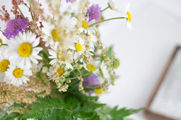 Lindas margaridas e outras flores em uma mesa branca.