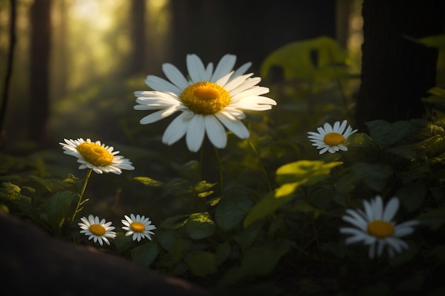 Lindas margaridas na floresta ao pôr do sol Fundo da natureza