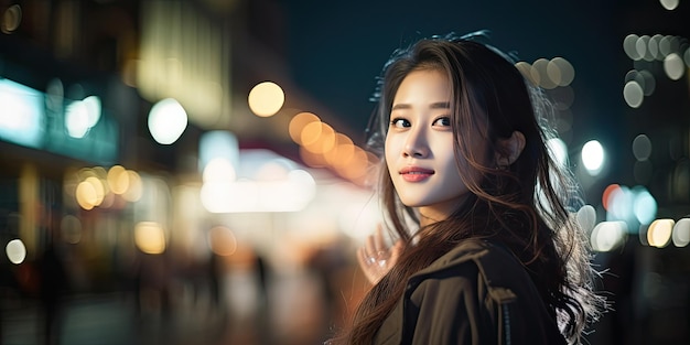 Lindas mulheres asiáticas na cidade à noite com bokeh