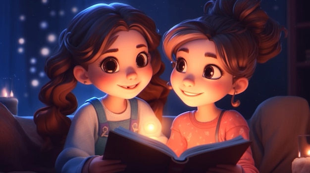 Lindas niñas de dibujos animados leyendo un libro juntas en casa IA generativa