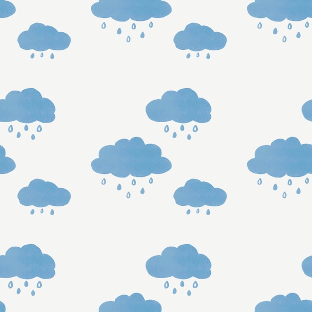 Lindas nubes lluviosas dibujadas a mano sobre patrones sin fisuras de fondo blanco