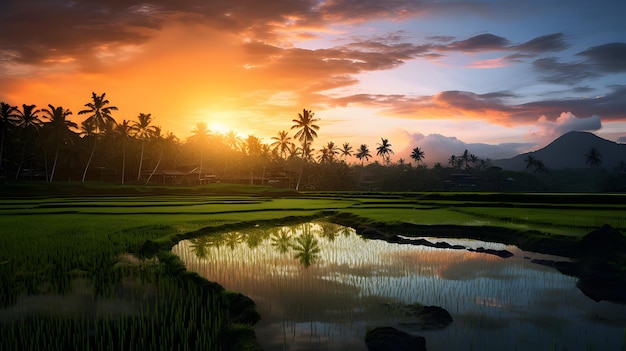 Foto lindas paisagens de campos de arroz de fundo ia generativa