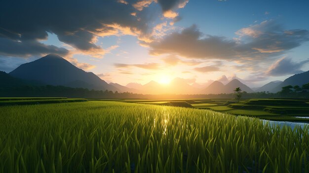 Foto lindas paisagens de campos de arroz de fundo ia generativa