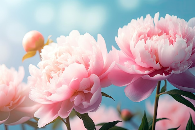 Lindas peônias de flores grandes cor-de-rosa sobre um fundo turquesa azul claro
