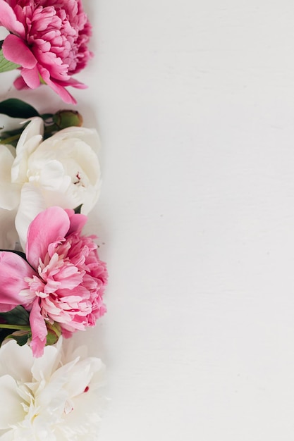 Lindas peônias planas em madeira branca rústica espaço para texto Modelo de cartão floral elegante Flores frescas de peônia rosa e branca borda em fundo de madeira mal-humorado
