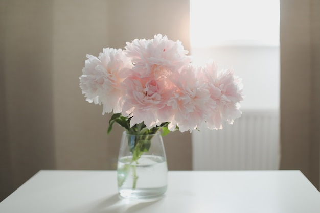 Lindas peônias rosa em um vaso de vidro na mesa branca perto de uma janela