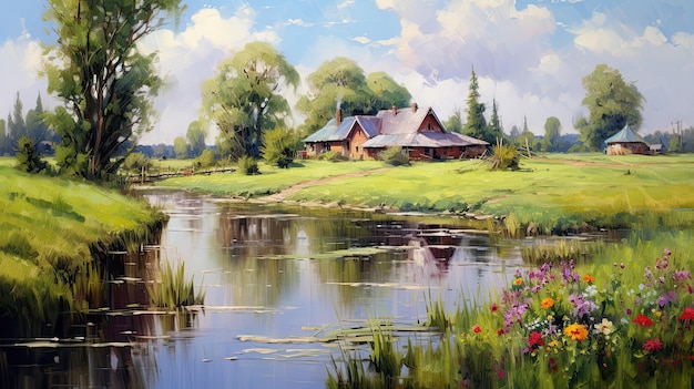 Lindas pinturas de paisagens a óleo de aldeias rurais com um rio na natureza do verão