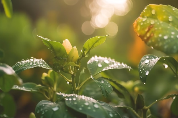 Lindas plantas com gotas de orvalho na natureza na manhã chuvosa no jardim foco seletivo Imagem em tons de verde Primavera verão fundo natural