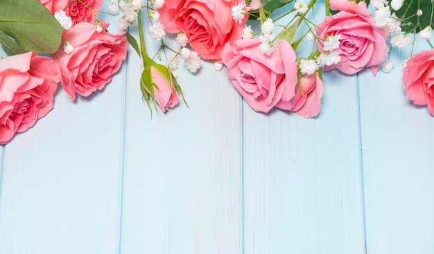 Lindas rosas cor de rosa em um fundo azul de madeira