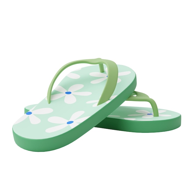 Lindas sandalias verdes al estilo de dibujos animados con patrón de flores ilustración de renderización 3D
