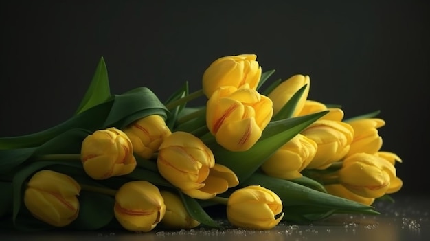 Lindas tulipas amarelas em fundo escuro natureza morta com tulipsgenerative ai