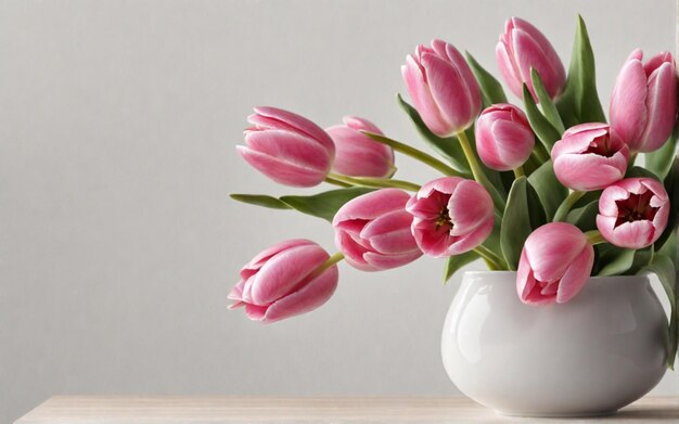 Lindas tulipas cor-de-rosa em um vaso Espaço para texto IA generativa