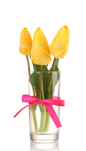 Foto lindas tulipas em um vaso isolado no branco