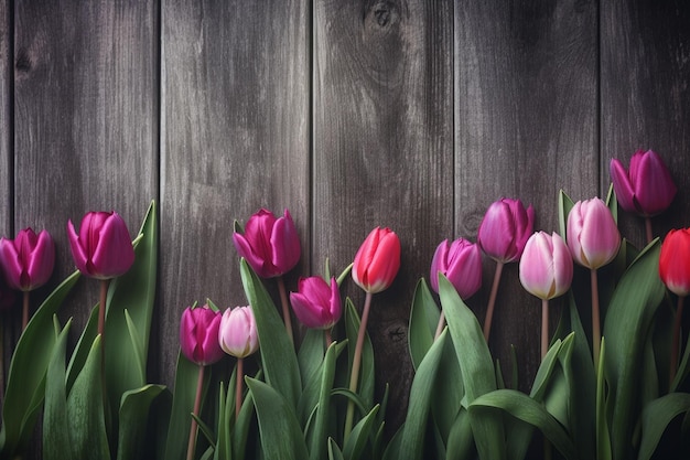 Lindas tulipas roxas contra fundo de madeira escura