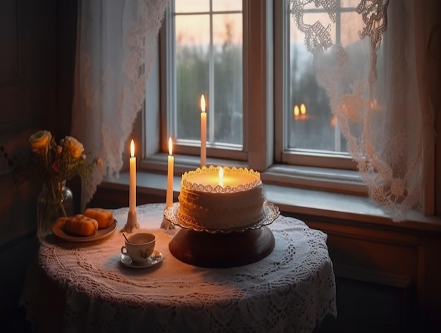 Lindas velas de bolo e chá na mesa perto da janela ao pôr do sol