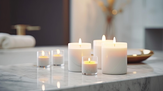 Lindas velas de spa em branco no tampo da mesa de mármore Generative AI