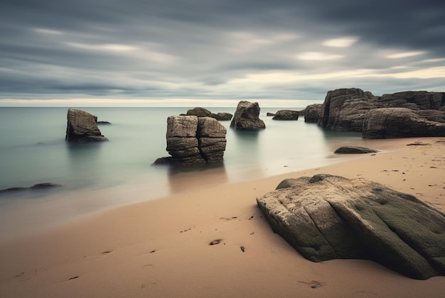 Lindas vistas para o mar com rochas e ondas relaxantes e suaves fotografia de longa exposição generativa ai