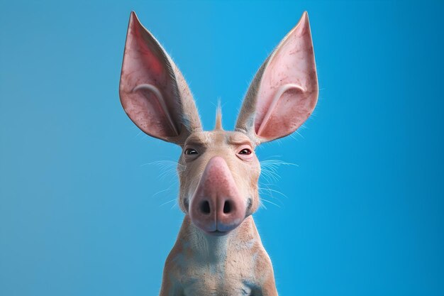 El lindo Aardvark con orejas agrandadas posa graciosamente para una toma de estudio en un telón de fondo azul