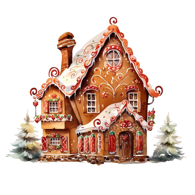 Lindo acuarela casa con decoraciones de Navidad ilustración para la Navidad