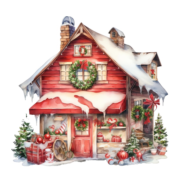 Lindo acuarela casa con decoraciones de Navidad ilustración para la Navidad