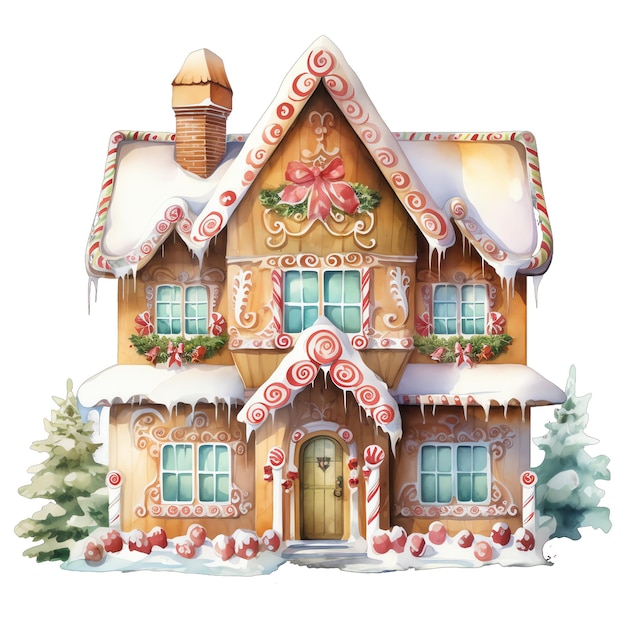 Lindo acuarela casa con decoraciones de Navidad ilustración para la Navidad