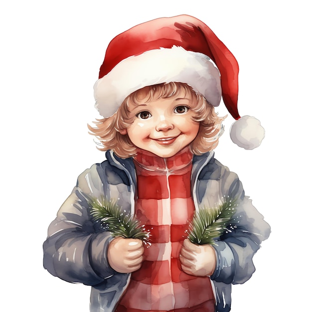 Lindo acuarela lindo niño con sombrero de Navidad ilustración para la Navidad