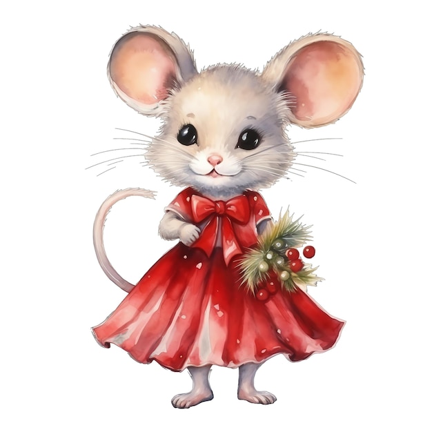Lindo acuarela lindo pequeño ratón vestido con vestido de Navidad ilustración para la Navidad