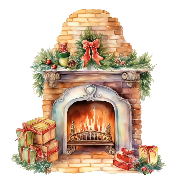 Lindo acuarela de Navidad Ilustración de la chimenea para la Navidad