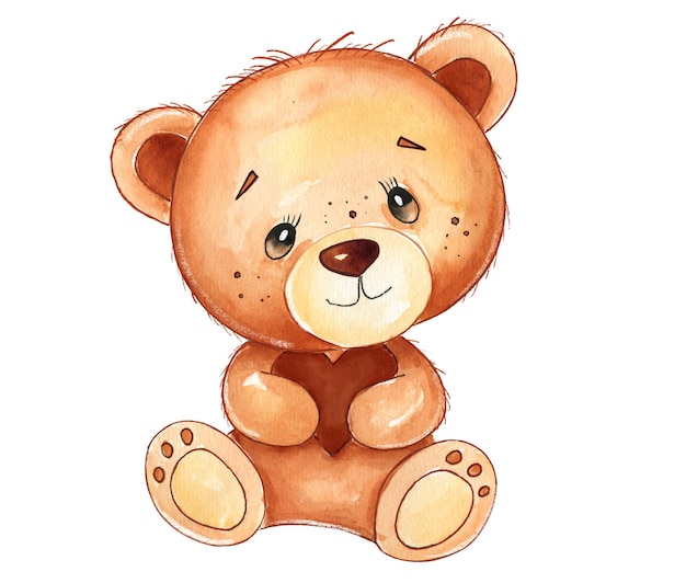 Lindo acuarela sentado oso de peluche con corazón