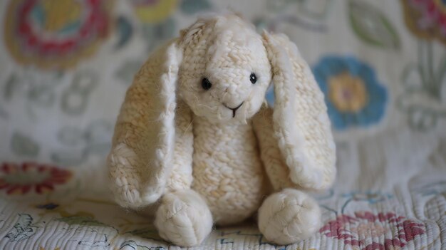 Foto un lindo y acurrucado conejo de hilo de color crema se sienta en un edredón floral el conejo tiene largas orejas flexibles y una cara pequeña y dulce