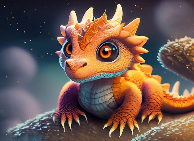 Un lindo y adorable bebé dragón se encuentra en la naturaleza por la noche con luz en el estilo de animación de dibujos animados amigable para niños estilo fantasía 3D Ilustración creada por AI