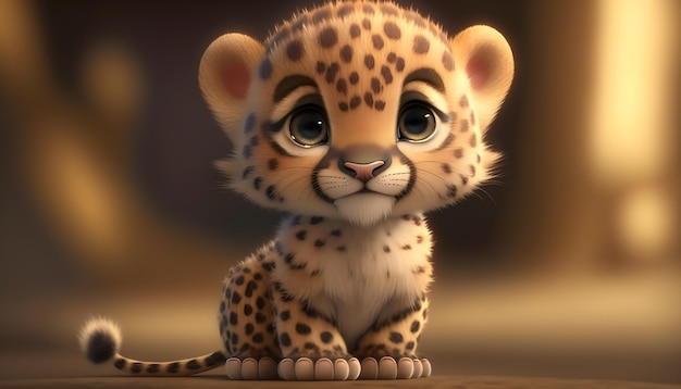 Un lindo y adorable bebé leopardo representado al estilo de animación de dibujos animados para niños estilo de fantasía generativo ai