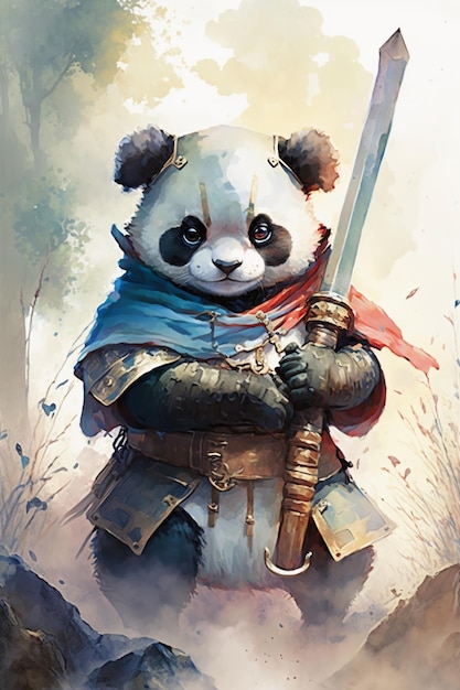 Lindo adorable bebé panda samurai mirando a la cámara acuarela