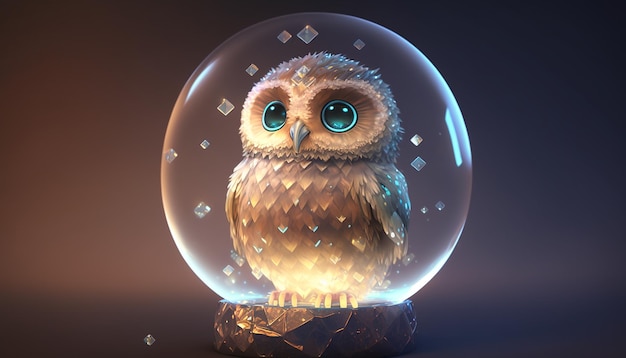 Lindo y adorable búho bebé sentado dentro de la imagen de arte del generador de ai de bola de cristal