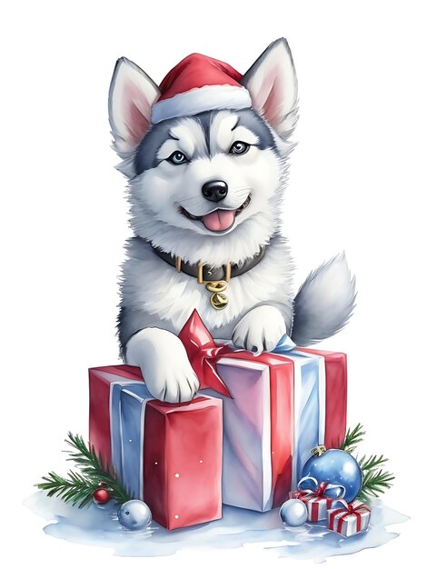 Un lindo y adorable cachorro husky navideño con un color de agua