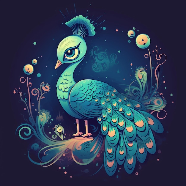 lindo y adorable dibujos animados pavo real fantasía onírico surrealista