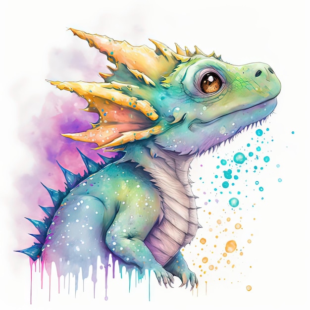 Lindo adorable dragón de dibujos animados en estilo de color de agua