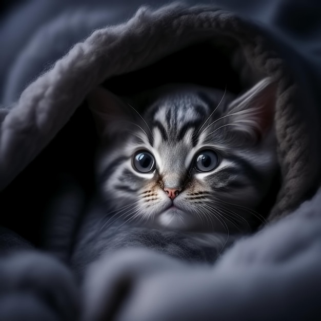 Lindo y adorable gatito americano de pelo corto acurrucado en una manta difusa en una cama IA generativa