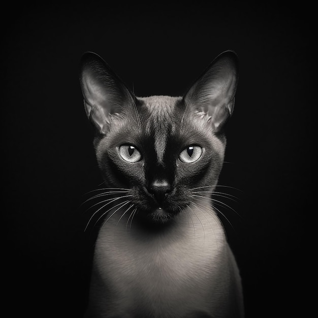 Un lindo y adorable gato siamés, gato de pura raza, foto en blanco y negro, fondo negro