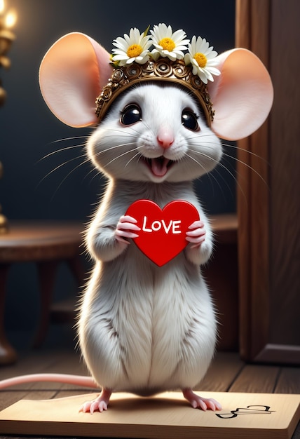 Foto lindo y adorable pequeño ratón esponjoso sostener corazón rojo ia generativa