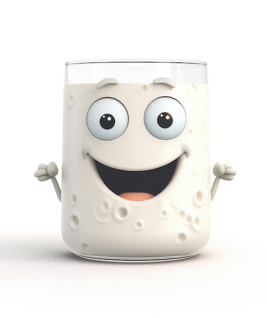 Lindo adorable personaje de dibujos animados en 3D vaso de leche sonriendo con grandes ojos aislado en blanco