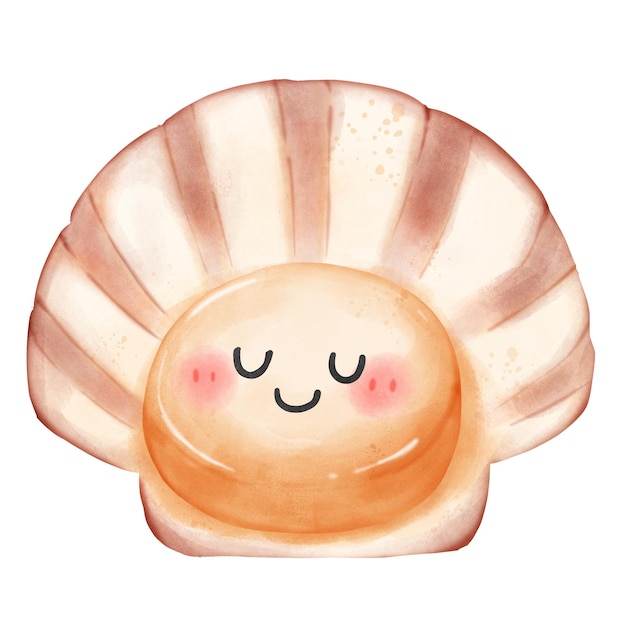 Lindo y adorable personaje de dibujos animados de conchas de vieira con acuarela dibujada a mano